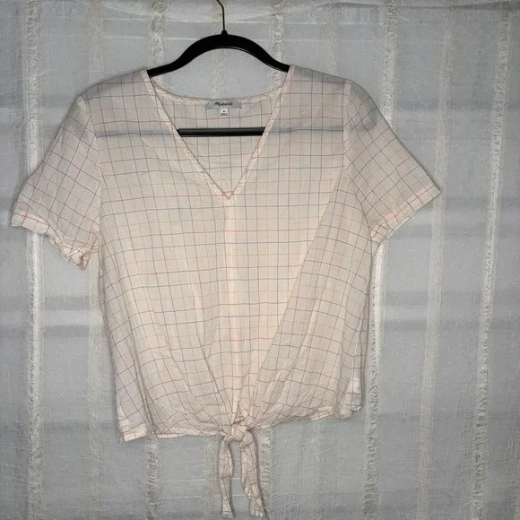 Madewell Tie-Front Grid Top Women Medium Cream Multi-Color Excellent Windowpane - Picture 1 of 5